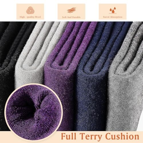 Niorasen Thermal Wool Socks for Women 5 Pairs Multipack, Ladies Warm Winter Walking Hiking Crew Socks for Boots, Thick Comfy Cushioned, Black & Multicolour, Valentines Birthday Gifts for Girlfriend — view 6