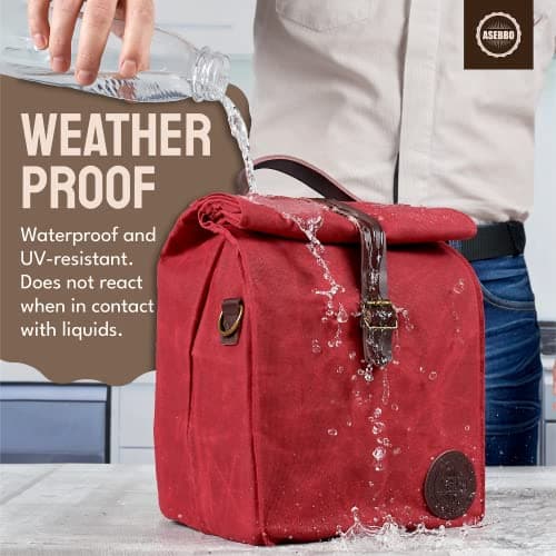 ASEBBO Insulated Lunch Bag for Men, Women - 10L Waxed Canvas Cool Bag with Genuine Leather Handle and Strong Buckle Closure, Reusable Lunch Cooler Bag for Adults Work School Picnic Food (Cherry Red) — view 6