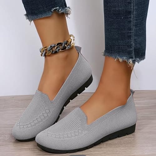 Boat Shoes Women Wide Fit Knitted Mesh Slip-On Flats Solid Color Breathable Low-Cut Casual Loafers with Soft Non-Slip Soles Lightweight Comfortable Walking Shoes for Everyday Wear Office Travel Grey — view 2