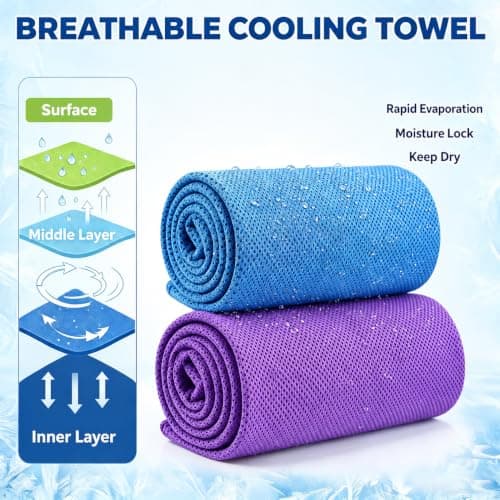 Cooling Towel for Neck and Face, Instant Chill Towel for Hot Weather, Soft Breathable Sports Towel for Gym Running Camping, Quick Dry Sweat Towel 2 Pack (Blue + Purple) — view 2