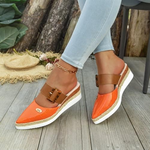 Generisch Wedge Heel Shoes Elegant Leather Comfortable Espadrilles Closed Front Non-Slip Elastic Slingback Sandals 2026 Summer Casual Holiday Travel Sandals with Straps, orange, 5 UK — view 3