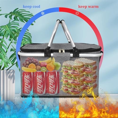 30 L Shopping Basket Cooler Bag Insulated Picnic Basket, Premium Extra Large Cooling Cooler Cool Bag, Collapsible Lunch Bag Box, for Camping/Outdoor Activities/Family Travel/BBQ/Shopping (Gray) — view 4