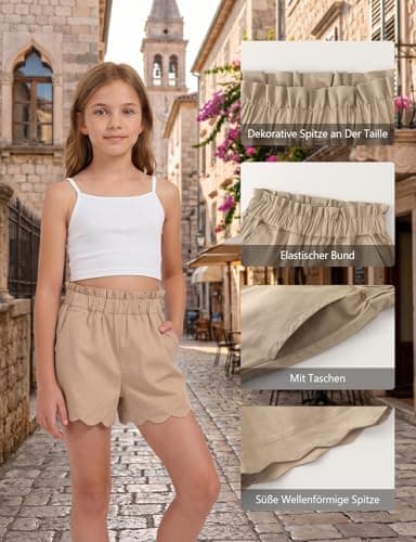 Spring&Gege Girls' Summer Shorts, Elastic Waist with Ruffled Hem & Side Pockets,Soft Cotton Shorts for Back-to-School Season Outdoor Activities, Beach & Casual Attire(Khaki,13-14 Years) — view 4