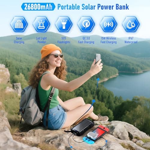 Magnetic Wireless Power Bank, 26800mAh 30W Fast Charging Battery Pack with 3 Outputs, Built-in Retractable USB-C Cable, LED Flashlight, Solar Portable Charger for Smartphone, Travel, Emergency — view 2