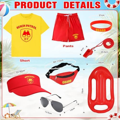 8Pcs Lifeguard Costume Set, Baywatch Costume Include T-shirt Shorts Hat Fanny Pack Whistle Wristband Inflatable Float Prop Life Guard Fancy Dress for Men Women Pool Party, Festival, Cosplay Events — view 2