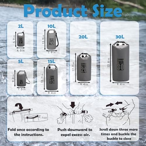 MOMAHUA 10L Waterproof Dry Bag with Single Shoulder Strap - Grey Durable PVC Roll Top Dry Sack - Reusable Gear Protector for Kayaking, Boating, Beach, Swimming, Camping and Outdoor Sports — view 2