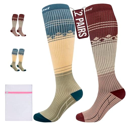 360 RELIEF 2 Pairs Compression Socks for Women & Men - 15-20 mmHg Travel Flight Socks – Graduated Support - Ideal for Running, Cycling & during Maternity - S/M, Green+Brown with Laundry Bag