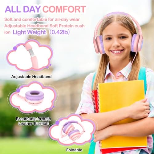 VkingMoR Kids Headphones for School Travel, Upgrade USB Type C Safe Volume 94dB, with Mic HD Stereo Sound Foldable On-Ear Headphones for Boys/Girls/Students/Tablet/Travel(Pink) — view 5