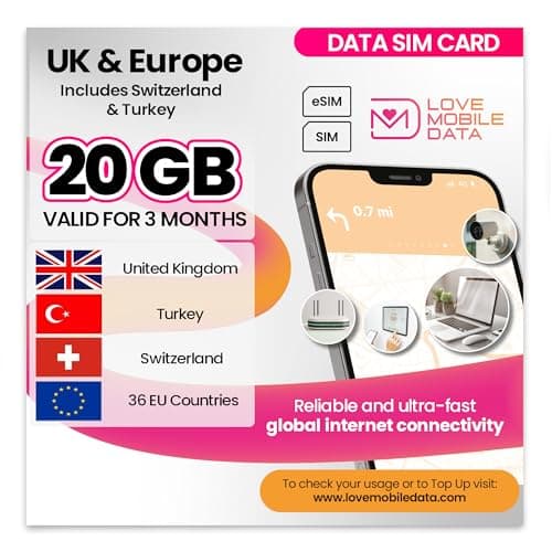 Love Mobile Data Only Sim Card - International Multi-Network 4G/5G Prepaid Data Sim for Mobile Phones, WiFi Routers, & More, UK (O2, Three & Vodafone), Europe, Switzerland & Turkey - 20GB for 3 Months