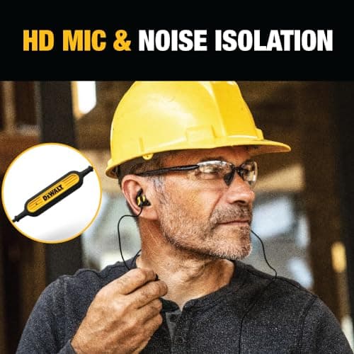 DEWALT Heavy Duty Wired Earphones with Microphone, Jobsite Earbuds Wired 3.5mm, Water-Resistant 3.5mm Earbuds with Mic, Connected Headphones for Outdoor Work — view 4