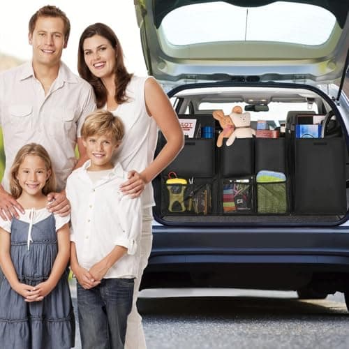 URAQT Car Boot Organiser, Trunk Tidy Organiser Bag, Detachable Multi-Pocket Seat Back Protectors with Zipper, Water-Proof Durable Foldable Children's Travel Storage Black,101x46cm — view 2