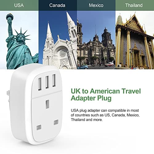 Jmfufnv UK to US Adaptor Plug, 2PK USA Travel Adapter with 3 USB Ports for American Canada Mexico Thailand Colombia Grounded Charger, 4 in 1 US Plug Adapter from UK for Phone Pad and more (Type B) — view 4