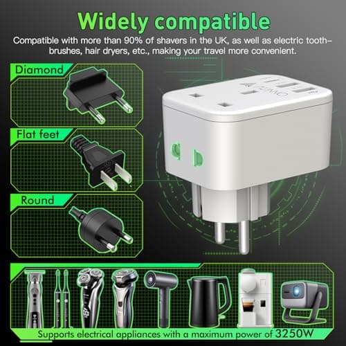 AUNNO UK to European Plug Adapter, PD 20W Fast Charging Grounded European Adapter with Shaver Plug, Adapter with 2 USB Ports and 1 USB-C Port for Germany France Spain Greece Poland etc (Type E/F) — view 4