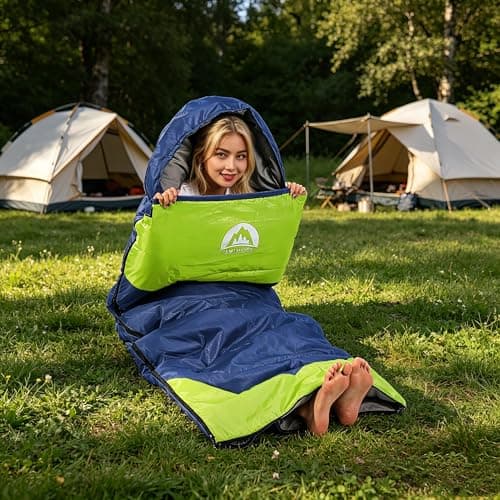 Sleeping Bag 3 Seasons (Summer, Spring, Fall) Warm & Cool Weather - Lightweight,Waterproof Indoor & Outdoor Use for Kids, Teens & Adults for Camping Hiking, Backpacking and Survival (Blue Green) — view 3