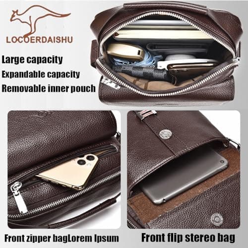 LOCOERDAISHU Men's Genuine Leather Shoulder Bag, Retro Crossbody Messenger Bag, Casual Travel Satchel with Adjustable Strap, Business Daily Use for Phone Wallet Keys Passport (Brown) — view 6