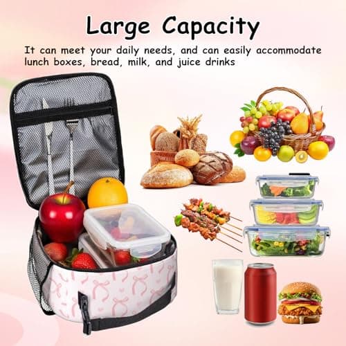 Insulated Lunch Bag for Women Girls, Cute Pink Butterfly Bow Girls Lunch Bag Reusable Leakproof Thermal Cooler Bags Adult Kid Packed Lunchbox for Work School Picnic Travel Beach Preppy Stuff Gifts — view 3