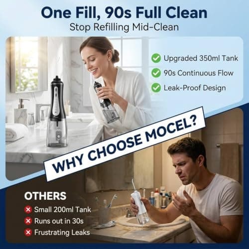 MOCEL Water Dental Flosser Oral Irrigator with 5 Modes, 350ml Cordless Water Teeth Cleaner Pick 6 Tips, IPX7 Waterproof Rechargeable Portable Powerful Battery for Travel & Home Braces & Bridges Care — view 5