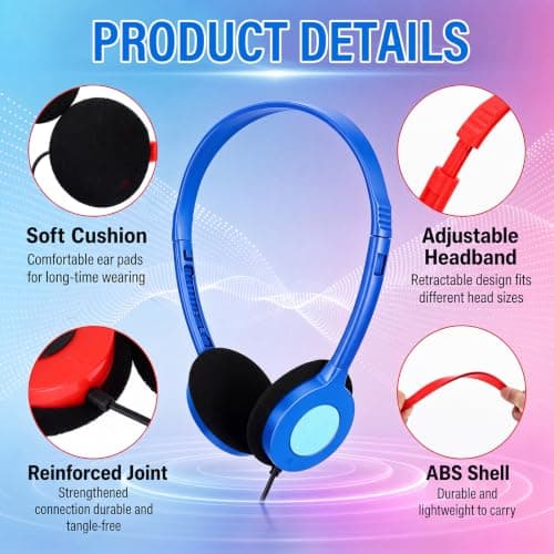 Konohan 30 Pack Bulk Wired On-Ear Headphones with 3.5mm Jack Adjustable Lightweight Individually Wrapped Headphones for Students Classroom School Library Office Travel (Multi-Color) — view 3