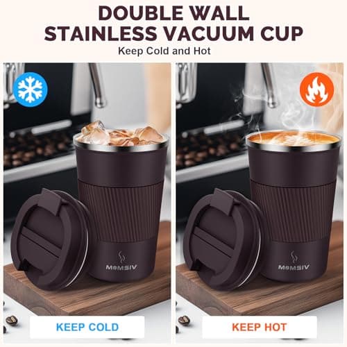 MOMSIV Coffee Cup, Insulated Coffee Cup with Leakproof Lid, Non-Slip Vacuum Reusable Stainless Steel Eco-Friendly Travel Office Mug for Hot and Cold Water Coffee and Tea, 380ml/13oz(Brown) — view 3