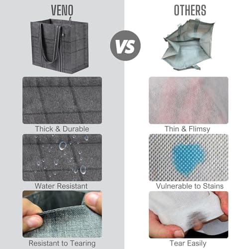 VENO 4 Pack Reusable Grocery Shopping Bag w/Hard Bottom for Trolley Cart, Heavy Duty Tote Bag for Life w/Front Pocket, Beach Bag, Multi-Purpose Water-Resistant(Windowpane, 4 Pack) — view 6