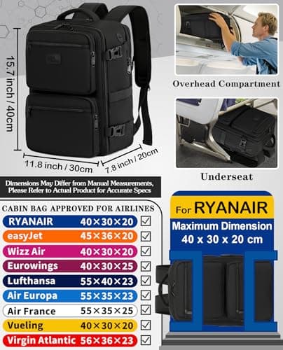 LYNXCHER Ryanair Cabin Bags 40x30x20 Underseat 24L Laptop Carry On Backpack for Travel Work Fits easyJet Eurowings Wizz Air Black — view 2