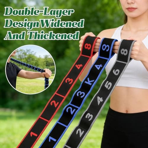 Resistance Bands Set, 3 Pack Yoga Stretch Straps with 8 Numbered Loops & Handles, Non-Slip Elastic Bands for Pilates, Yoga, Fitness, Home Gym, Women & Men(Red+Black+Blue) — view 2