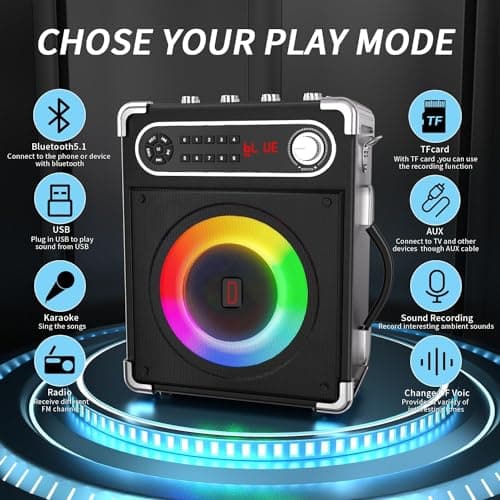 Karaoke Machine with 2 Wireless Microphones, Portable Bluetooth Speaker for Adults & Kids, PA System with LED Lights, TWS, Supports TF Card/USB, AUX in, FM, USB for Home Party Outdoor Gathering — view 2