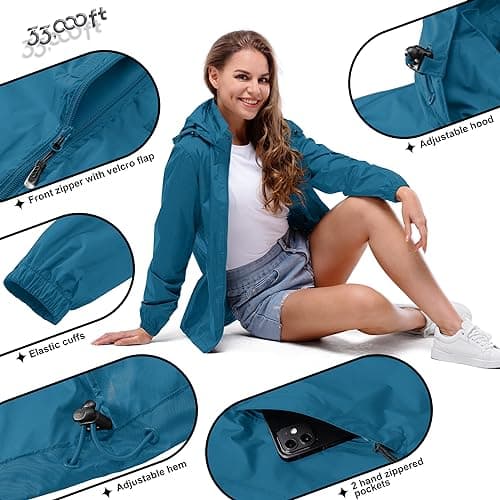 33,000ft Women's Lightweight Rain Jackets Hooded Breathable Packable Running Raincoats Active Trench Windbreaker with Hideaway Hood for Cycling Hiking (Morocco Blue-L/UK 14) — view 4