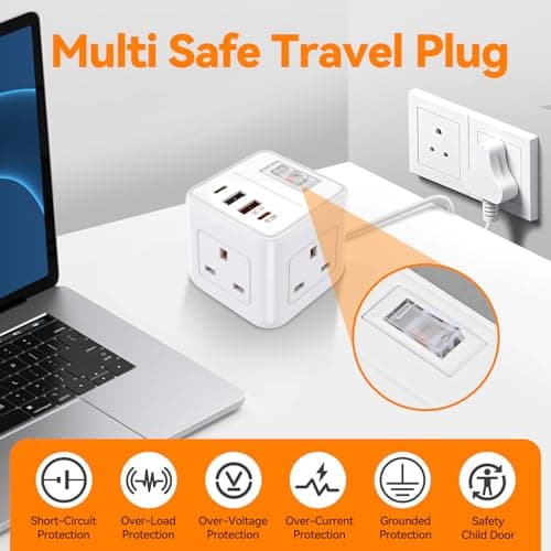 UK to South Africa Plug Adapter,3 Way UK to SA Plug Adaptor with 4 USB — view 5