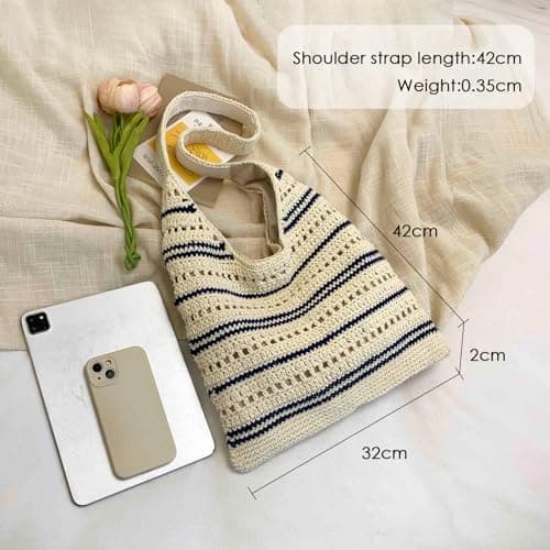 unisoul Striped Knitted Beach Bag for Women，Crochet Tote Bag with Zipper and Lining, Boho Summer Shoulder Bag for Holiday Travel, Lightweight Aesthetic Mesh Handbag, Foldable Shopping Bag, Khaki — view 4