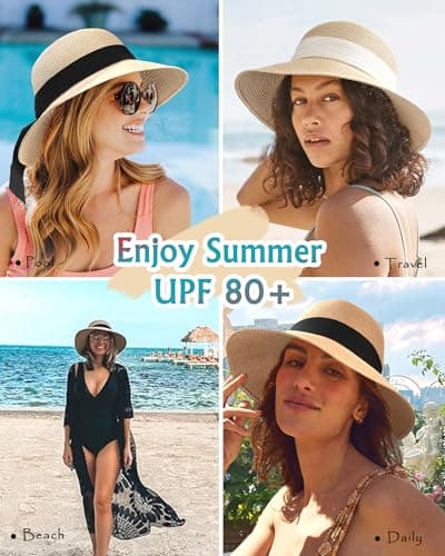 FURTALK Womens Beach Sun Straw Hat Wide Brim UV Protection Travel Hat Brown — view 4