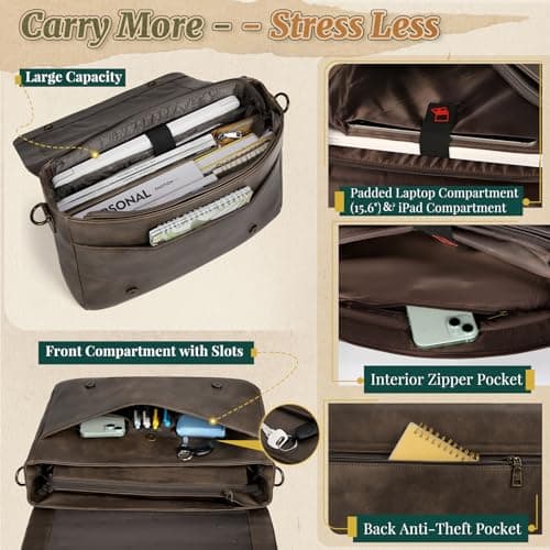 RAINSMORE Laptop Messenger Bag 15.6 Inch, Waterproof Vintage Leather Briefcase for Men, Large Capacity Professional Satchel for Business Travel University Dark brown — view 3