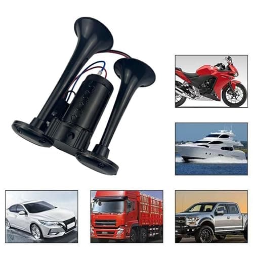 Air Horn 12V 600DB, Universal 12V Dual Trumpet Air Horn Kit, Truck Train Air Horns with Compressor, Double Tube Train Horn, Dual Trumpets for Truck, Train, Car, Van, Black — view 5