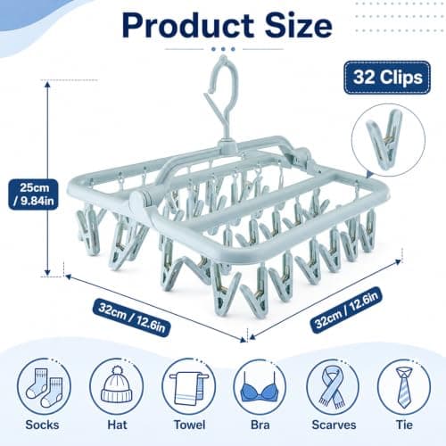 Lightista Clothes Drying Hanger with 32 Clothes Pegs & 360° Rotatable Hook, Multi-purpose Foldable Drip-Dry Sock Rack for Washing Line, Plastic Peg Hanger for Socks, Underwear, Bras, Baby Clothes — view 6