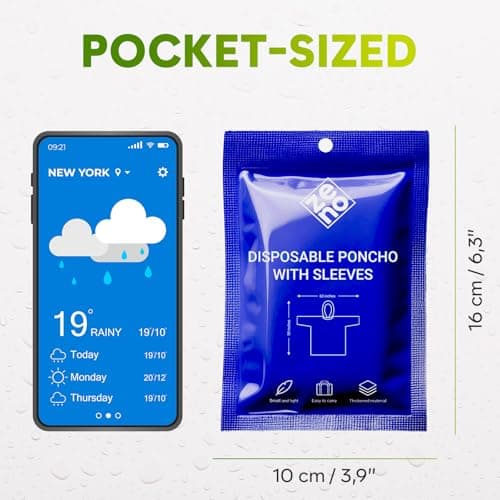 ZENO Disposable Rain Poncho Waterproof with Sleeves - For Adults - Rain Coat with Hood, Pack of 4 - for Women and Men - Hiking, Camping - Drizzle Edition — view 4