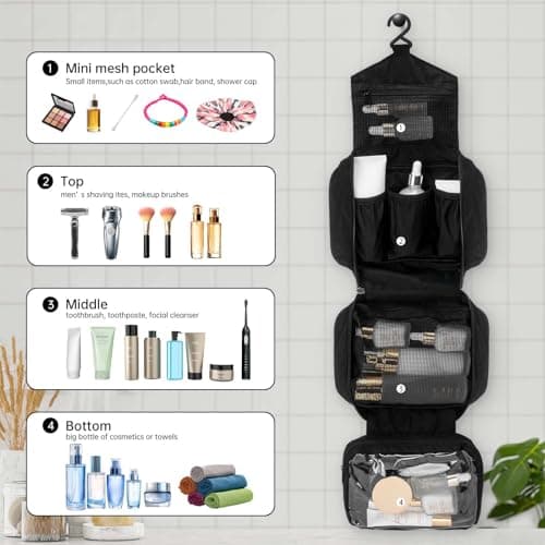 Boic Hanging Toiletry Bag, Waterproof Small Toiletry Wash Bag, Black, M — view 5