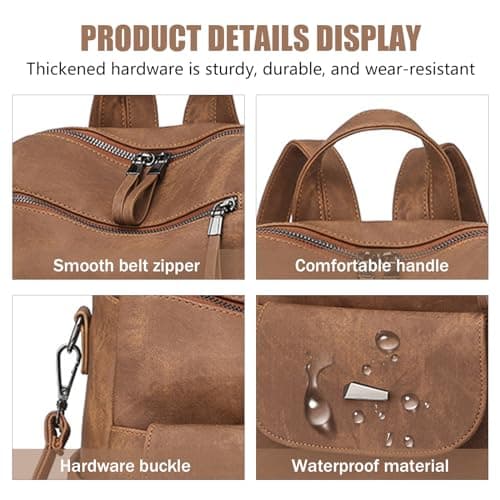 PU Leather Anti-Theft Backpack for Women - High Capacity Waterproof Rucksack, Fashion Handbag, School Bag, Retro Ladies Daypack for Work and Travel (Brown) — view 3