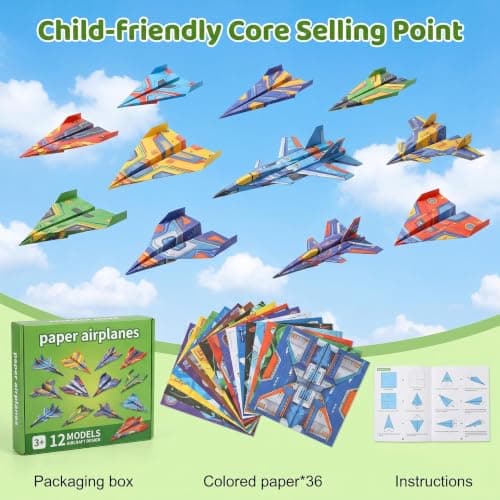 Copbopwn 36 Sheets Paper Airplane Kit DIY Origami Set for Kids 6-12 with Storage Box, Foldable Paper Planes Book for Aircraft Craft Activity, Creative DIY Toy for Boys & Girls, 17.5x24.5CM — view 6
