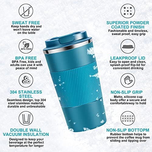 YINJOYI Travel Mug Reusable Coffee Cups Thermal Insulated Vacuum Insulation Smoothie Cup Stainless Steel Bottle for Hot Cold Drinks with Lid (Blue, 510ml) — view 3