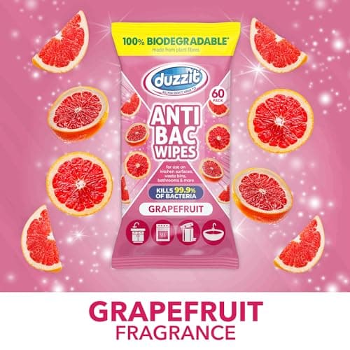 Duzzit Antibacterial Wipes - Kills 99.9% of Bacteria | 100% Biodegradable - Made From Plant Fibres | Anti Bac Wipe for Kitchen Surfaces, Waste Bins, Bathrooms & More (60 Wipes, Grapefruit) — view 6