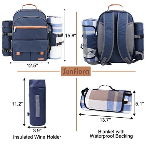 Sunflora 4 Person Insulated Picnic Backpack Rucksack with Blanket & Stainless Steel Tableware for Camping Picnic Hiking and BBQ (Navy Blue) — view 6