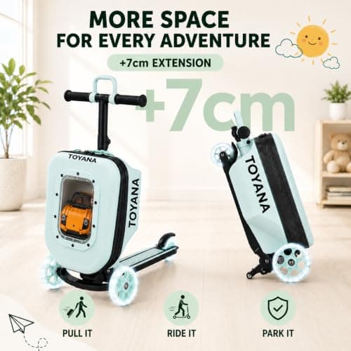 TOYANA 3-in-1 Suitcase Scooter for Kids, Foldable Ride-on Luggage Scooter, Aeroplane Carry-on Cabin Bag with LED Light-Up Wheels & Height Adjustable Handle for Toddlers 2-5 Years Boys & Girls - Mint — view 6