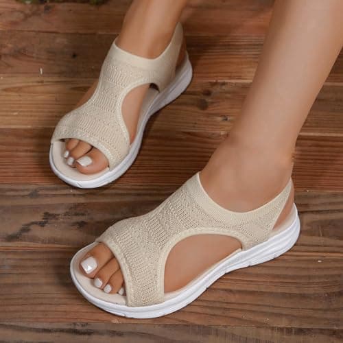 Sandals for Women Orthopedic, Sandals with Arch Support Summer Slip on Ladies Wedge Slingback Walking Slip on Platform Shoes Casual Beach Slingback Comfy Washable Slide Sport Shoes, 3.5 Cream — view 3