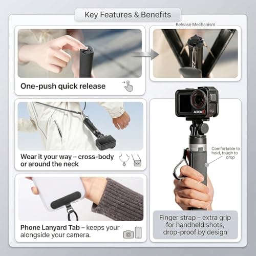 Jkoailiwi 29''/74cm Selfie Stick Tripod for DJI Osmo Pocket 3 4, Anti-Drop Action Camera Tripod with Neck Tether, Wrist Strap Compatible with GoPro, Insta360, for Outdoor Vlogging, Hiking, Skiing — view 4