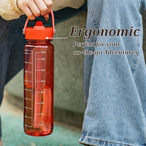 GOPPUS 1000ml/32oz Clear Water Bottle with Straw, Tritan Leakproof Sports Drinking Bottle, BPA Free Wide Mouth Gym Bottle with Handle and Measurement Marks for School, Gym, Travel (Red) — view 6