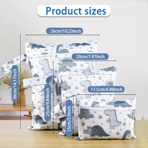 KASESSS 3 Pcs Dinosaur Pattern Nappy Bags, Waterproof Wet Dry Bags, Travel Laundry Bag, Wet Bag for Swimming with Zip, Reusable Organiser Nappy Pouch for Baby Items for Camping Swimming Travel Beach — view 2
