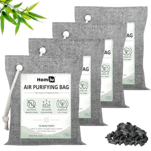 Homiu Bamboo Charcoal Air Purifying Bags - 4 Pack 200g Natural Odour Eliminator - Activated Charcoal Odour Absorber - Air Fresheners for Room Shoe Deodoriser Car Air freshener - Moisture Absorber