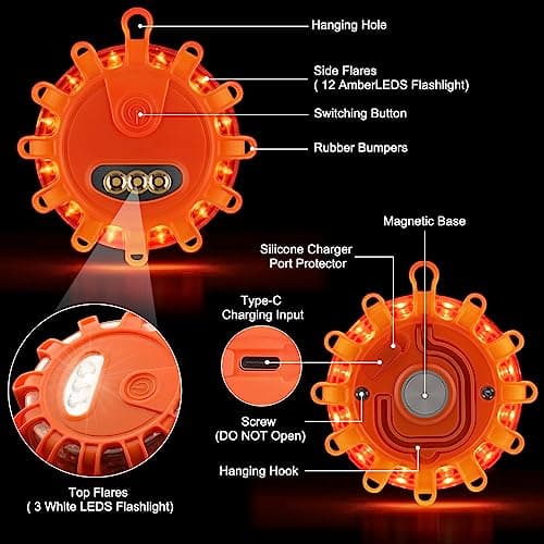 Amzpas USB Rechargeable LED Road Flares Emergency Lights-Roadside Warning Car Safety Beacon Flashing Disc Flare Kit with Magnetic Base & Hook for Vehicles & Boat(3 Pack-Orange Light) — view 3