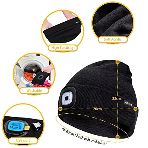 COTOP Unisex LED Headlamp Beanie Cap Men's Women Gift Winter Warm Beanie Hat Hands Free Lighted Beanie Cap for Dog Walking Night, Running, Camping,Hiking Black — view 2