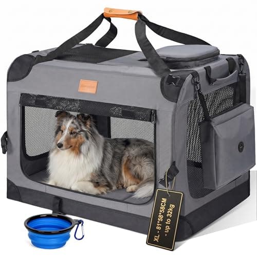 Morpilot Large Dog & Cat Carrier | Soft-Sided Pet Travel Crate, Foldable Dog Car Crate, with Collapsible Bowl, Shoulder Strap & Storage Pockets, XL, Grey, (Max 32kg)